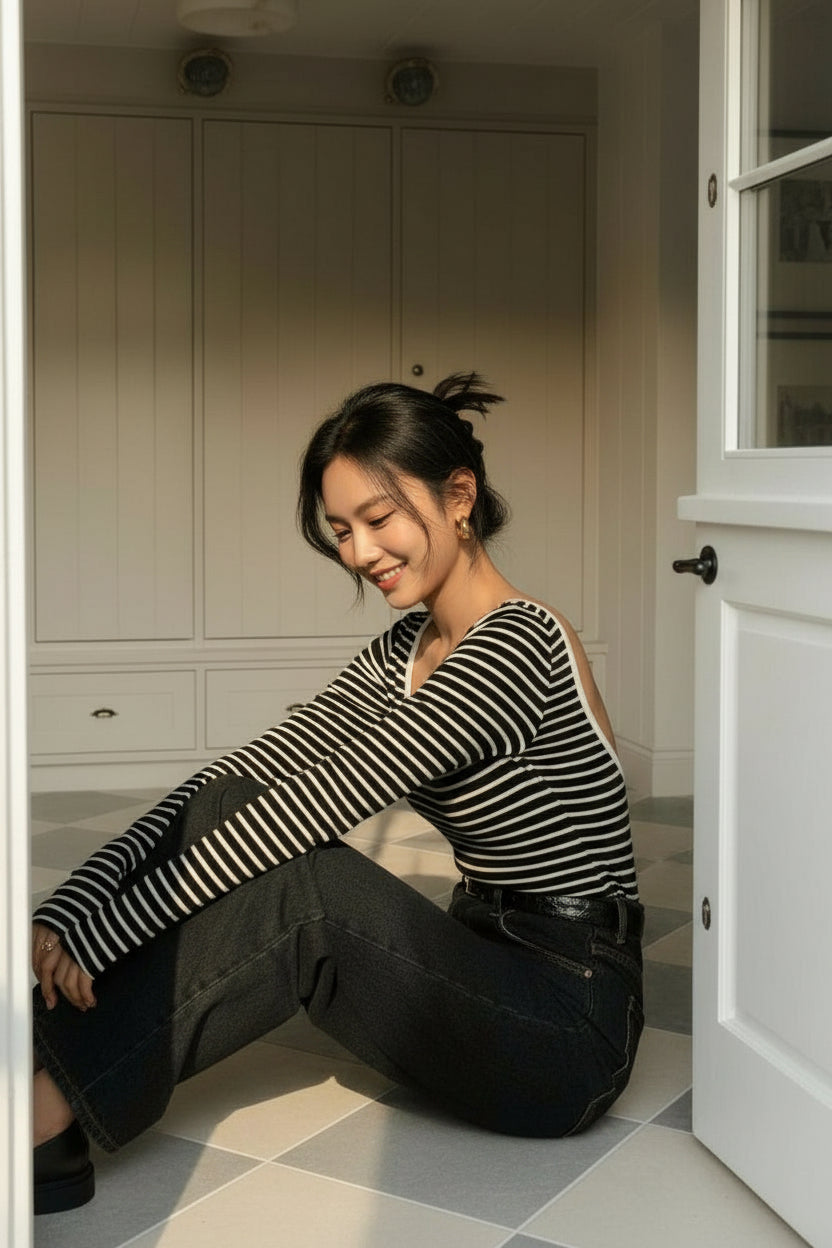 【即納】バックオープンボーダーカットソー