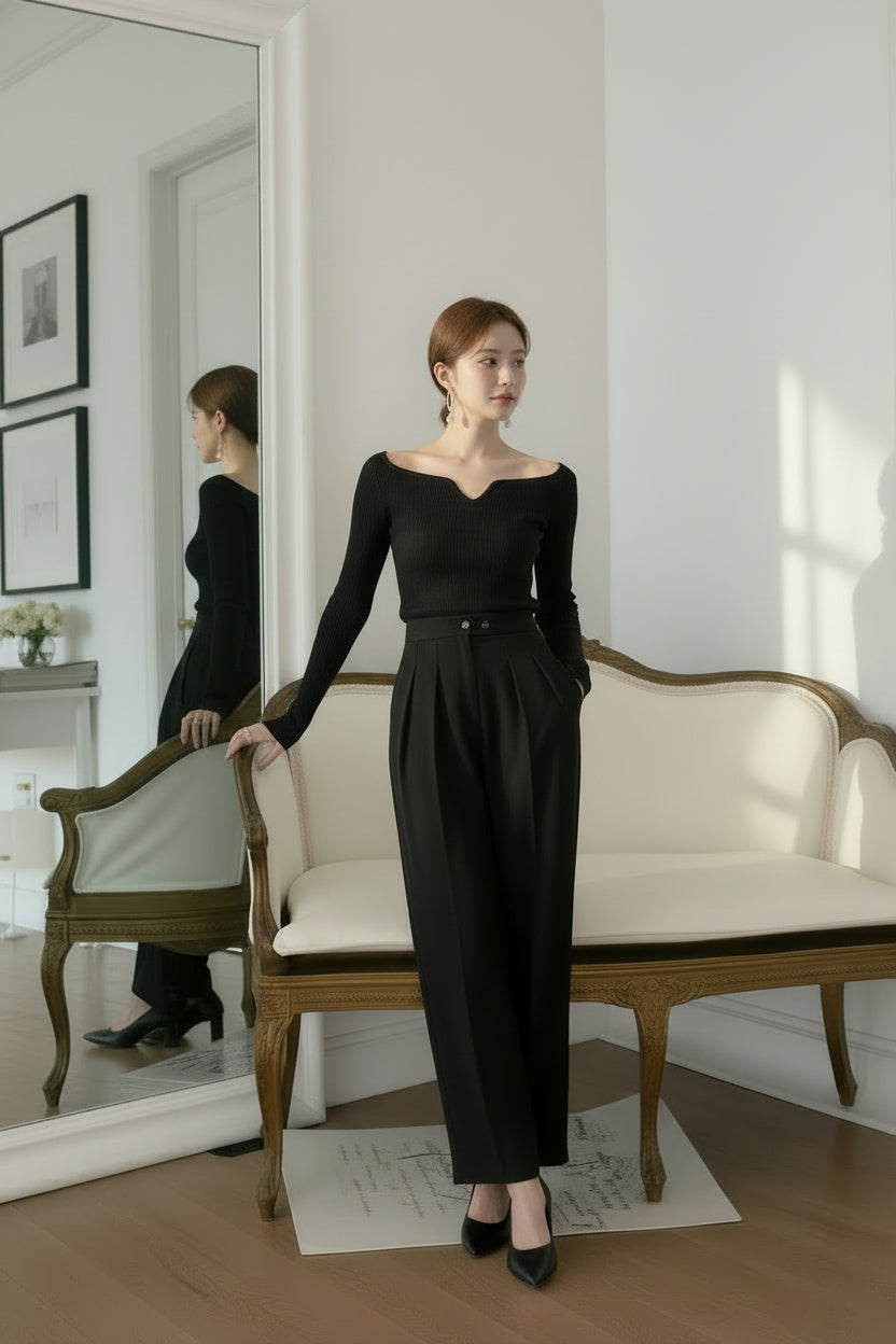 【予約】カーブネックリブニットトップス