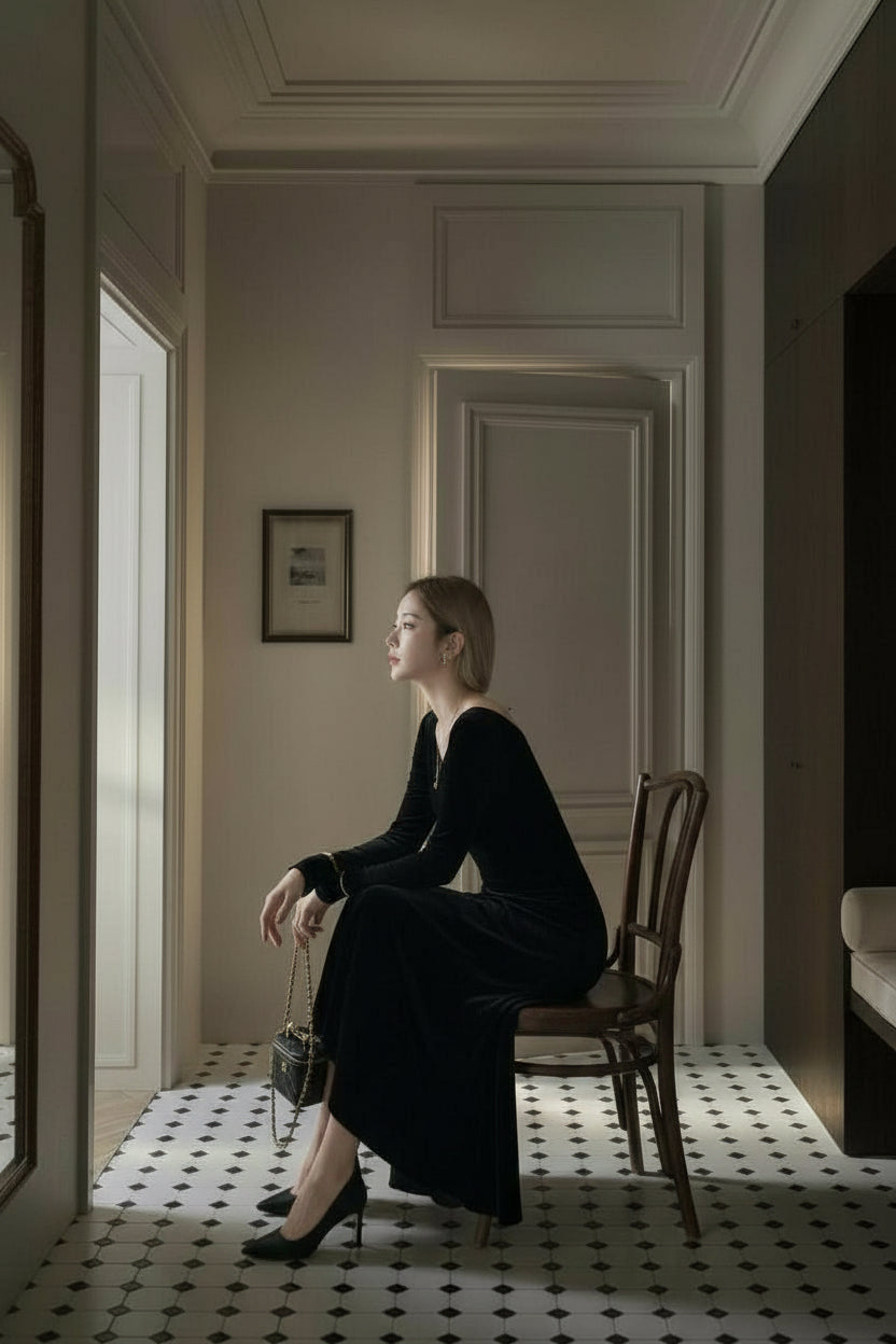 【即納】クラシカルフレアベロアロングドレス