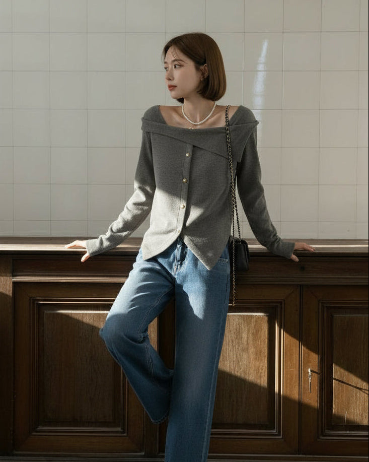 【即納】アシメオフショルボタンニットトップス