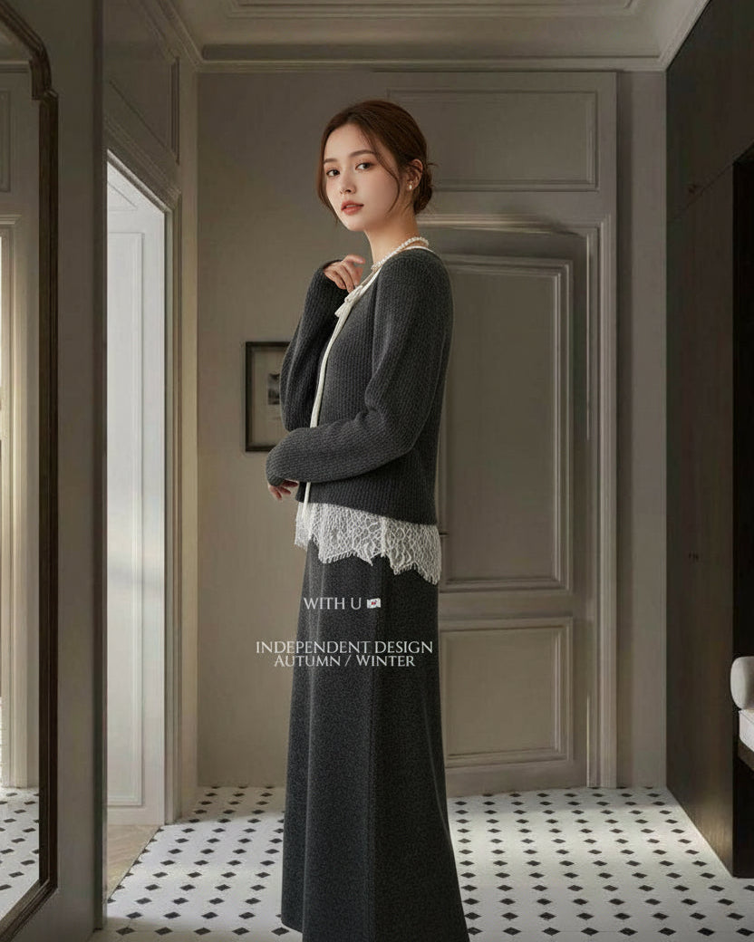 【即納】レースレイヤード リブニットセットアップ