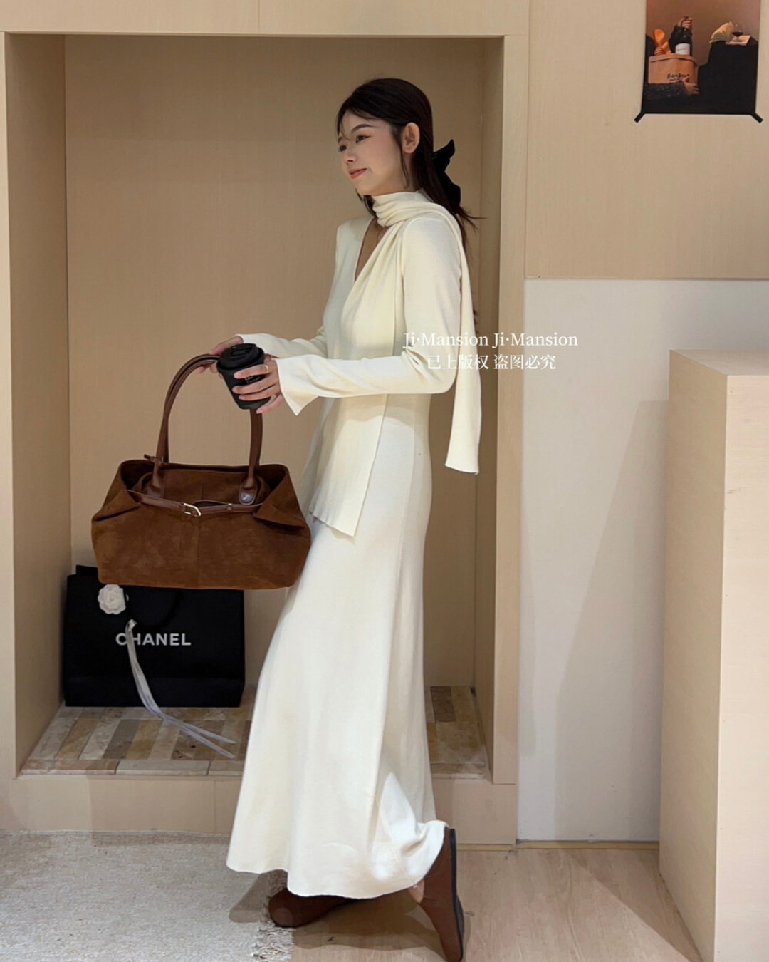 【即納】スカーフネック フレアニットワンピース