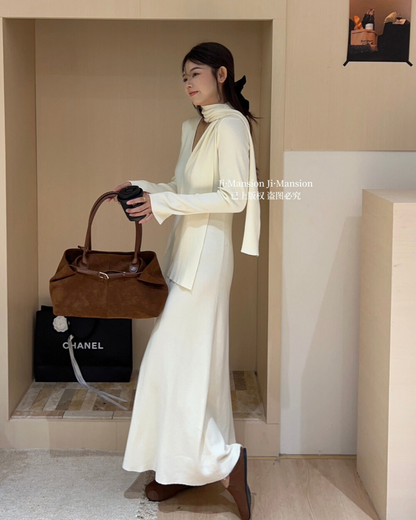 【即納】スカーフネック フレアニットワンピース