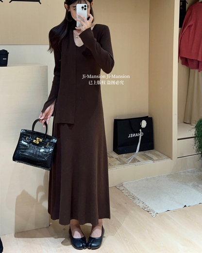 【即納】スカーフネック フレアニットワンピース