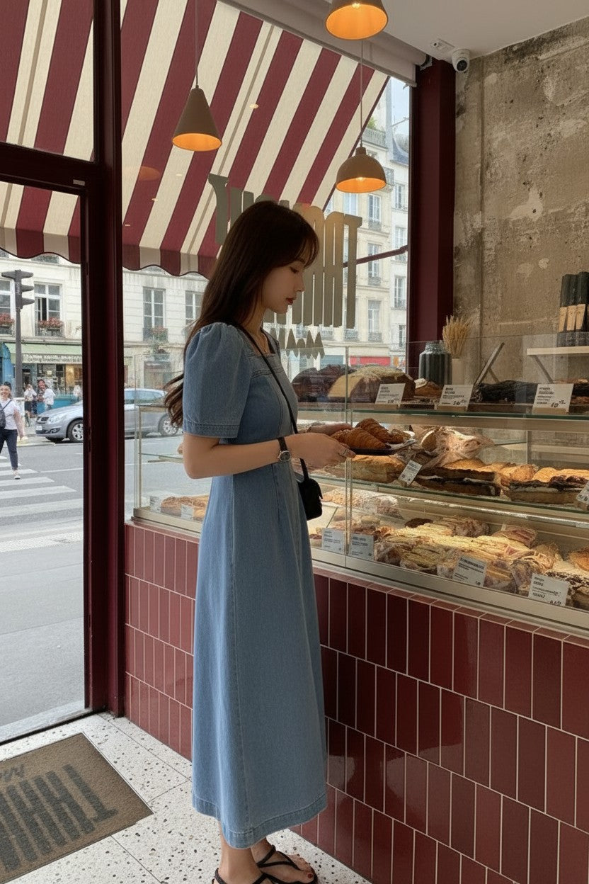 【即納】スクエアネック デニムロングワンピース