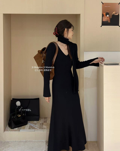 【即納】スカーフネック フレアニットワンピース