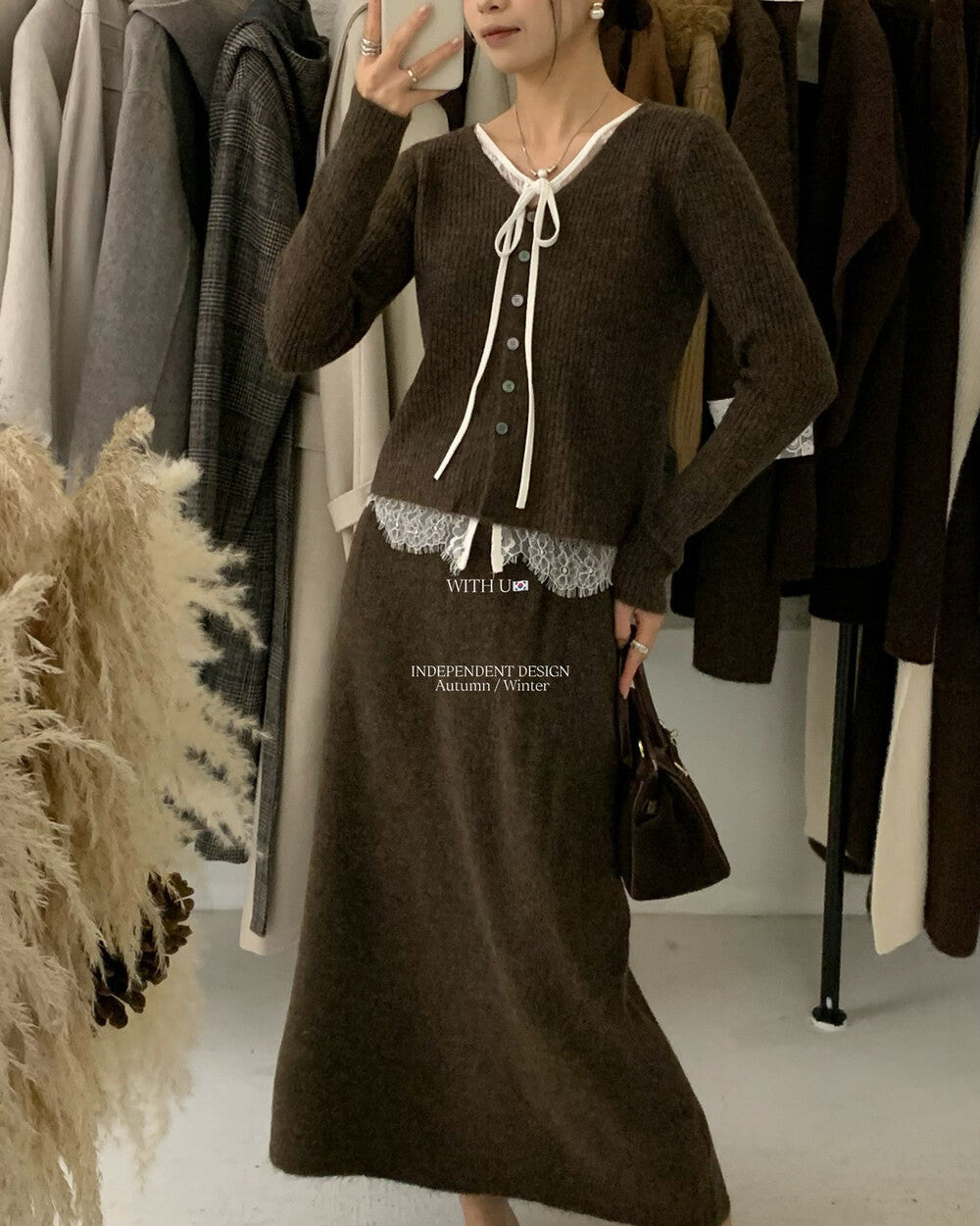 【即納】レースレイヤード リブニットセットアップ