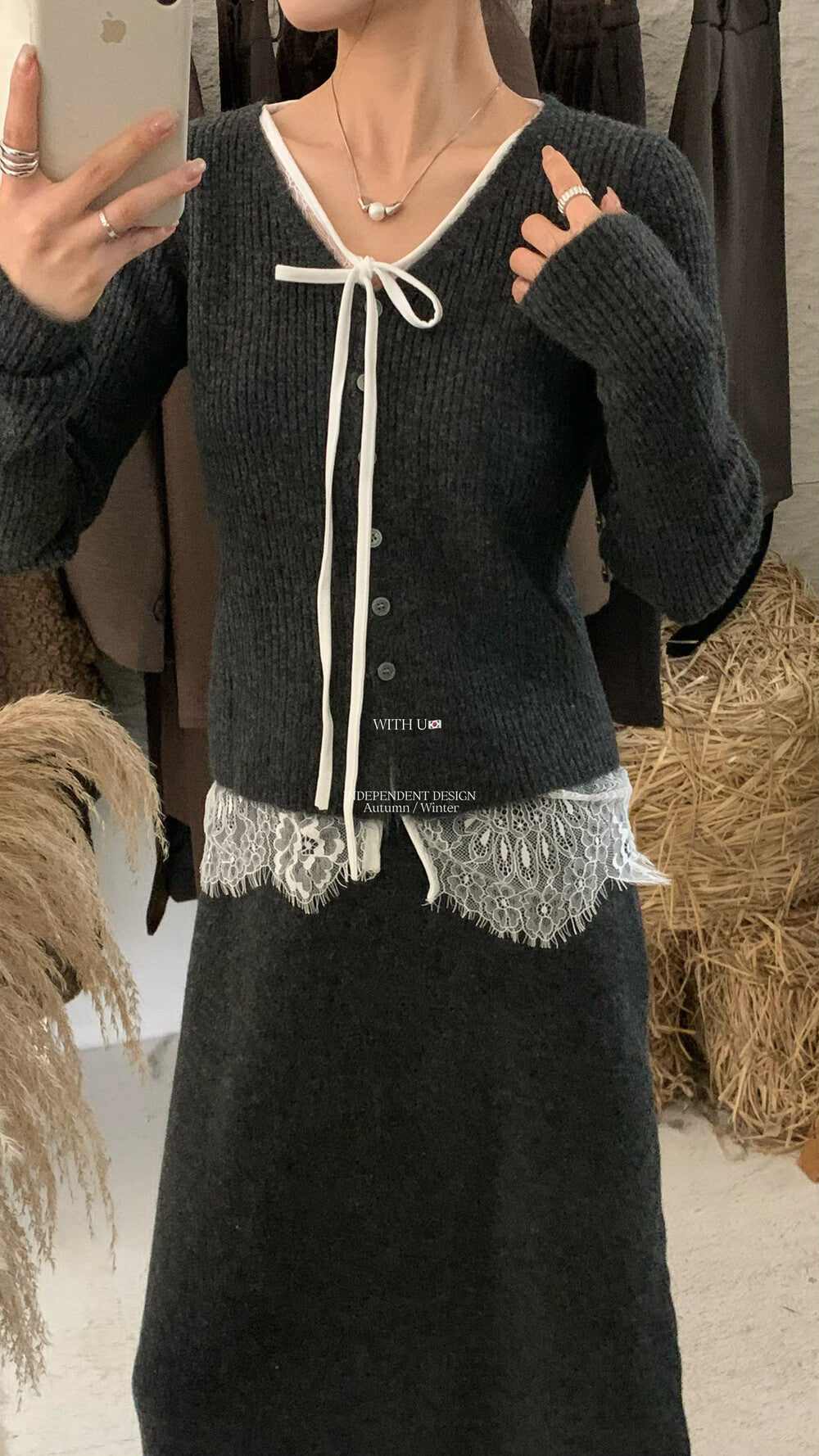 【即納】レースレイヤード リブニットセットアップ