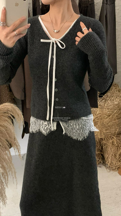 【即納】レースレイヤード リブニットセットアップ