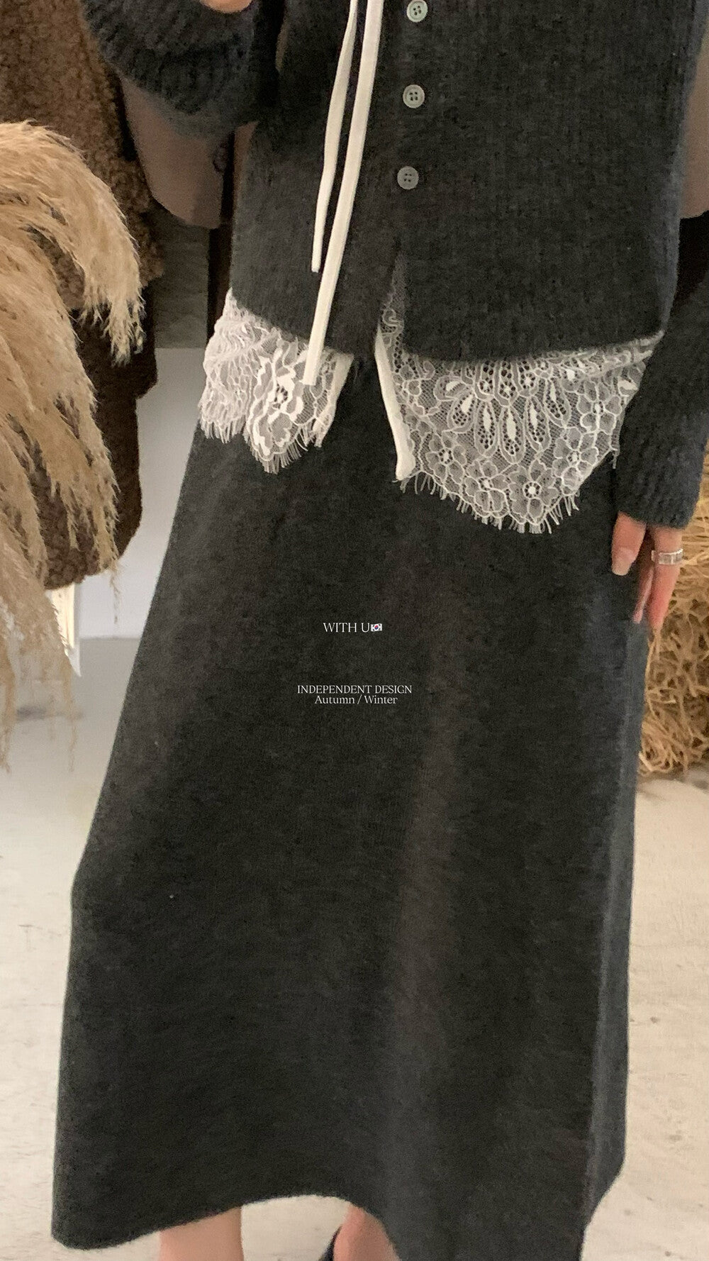 【即納】レースレイヤード リブニットセットアップ