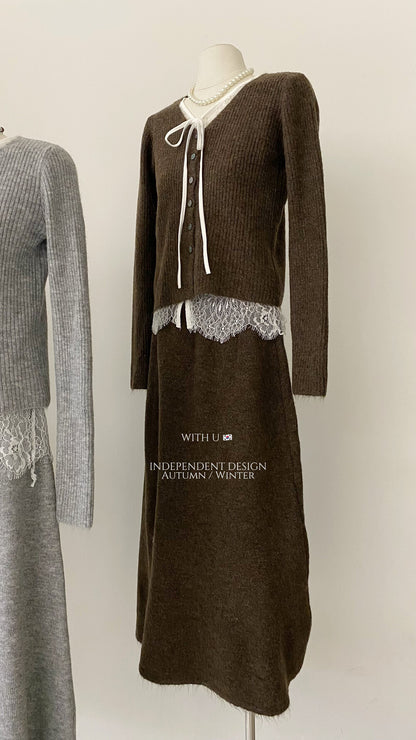 【即納】レースレイヤード リブニットセットアップ