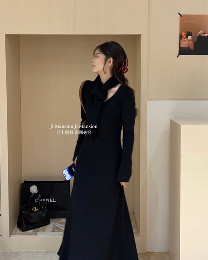 【即納】スカーフネック フレアニットワンピース