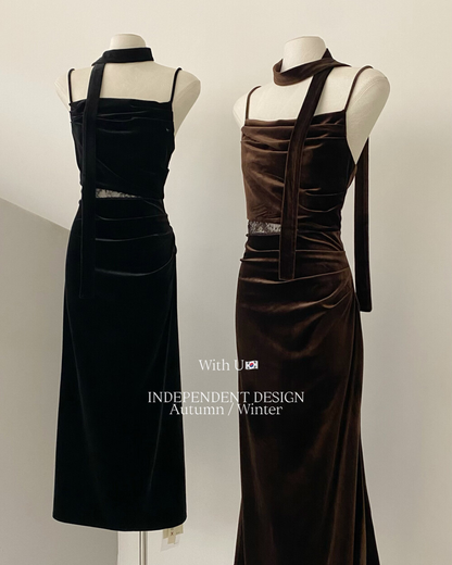 【即納】ドレープライン ベルベットキャミワンピース