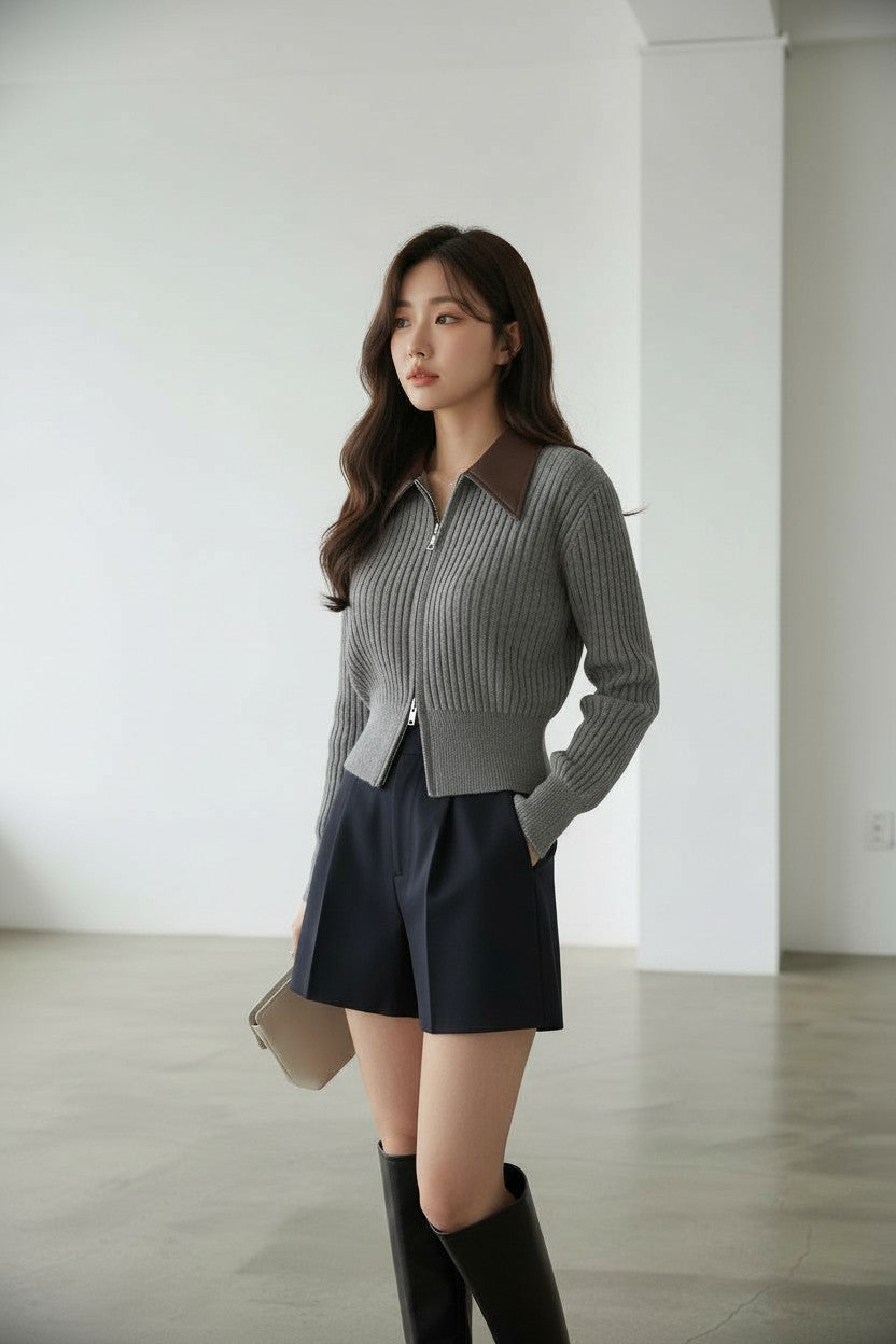 ［ SET ］フェイクレザーカラーリブジップニットトップス×クラシックタックショートパンツ