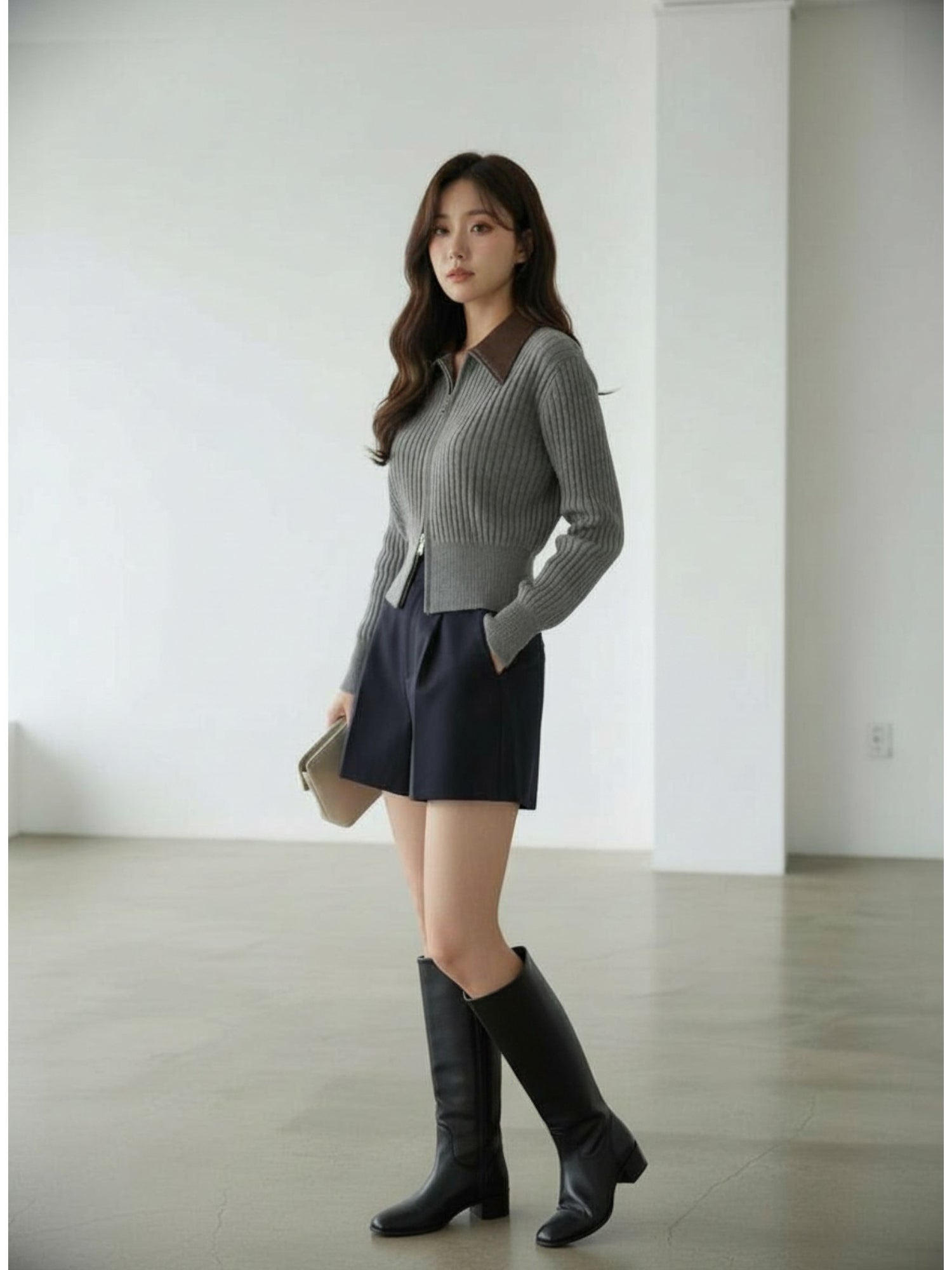 ［ SET ］フェイクレザーカラーリブジップニットトップス×クラシックタックショートパンツ