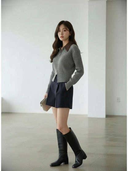 ［ SET ］フェイクレザーカラーリブジップニットトップス×クラシックタックショートパンツ