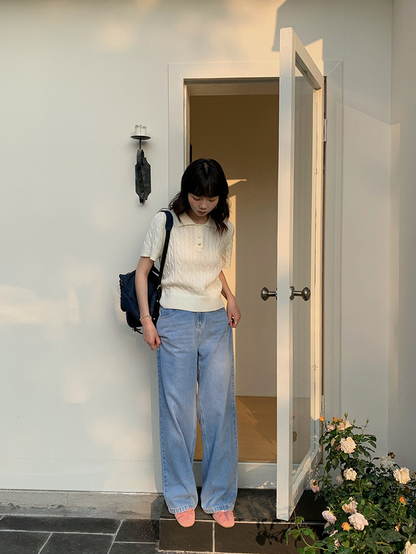 ケーブル編みゴールドボタンニットポロ