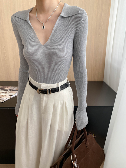 Vネックカラーニットトップス