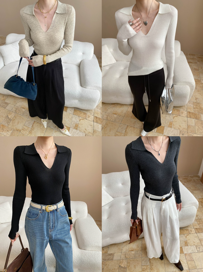 Vネックカラーニットトップス