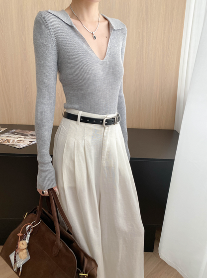 Vネックカラーニットトップス