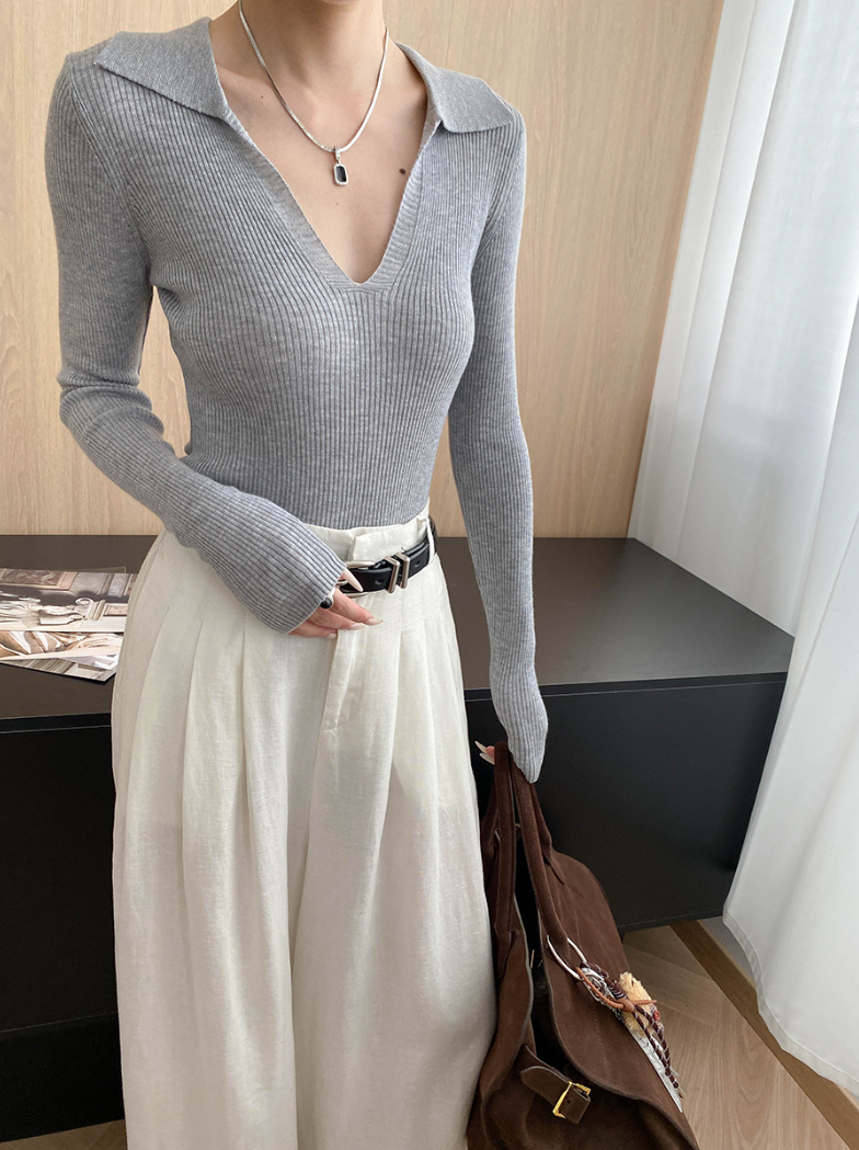 Vネックカラーニットトップス