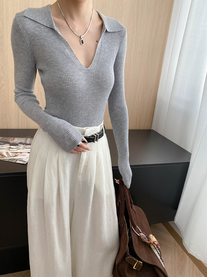 Vネックカラーニットトップス