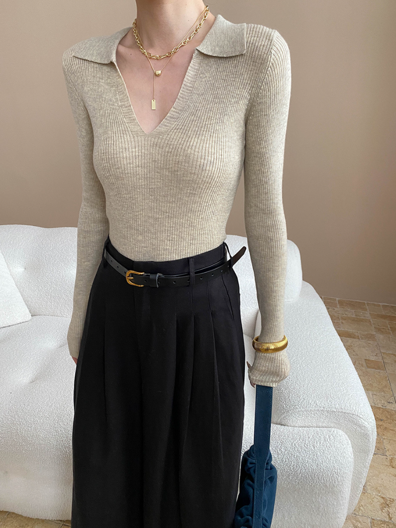 Vネックカラーニットトップス