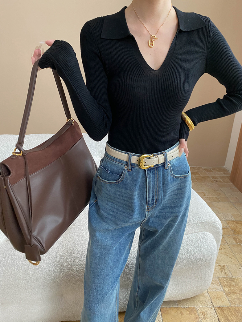 Vネックカラーニットトップス