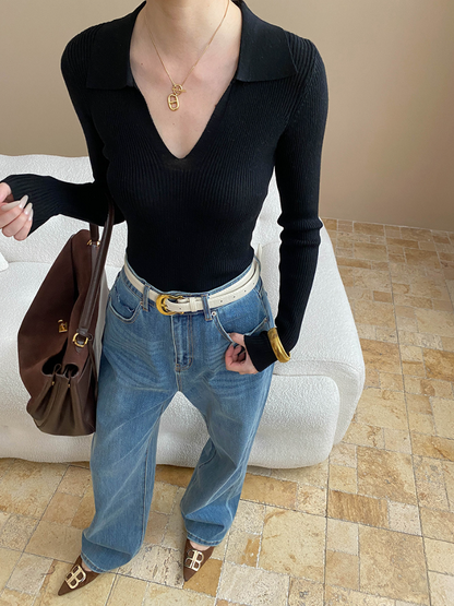 Vネックカラーニットトップス