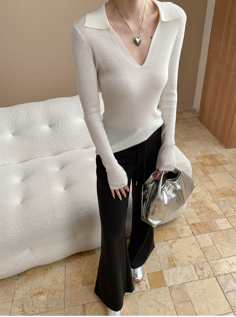 Vネックカラーニットトップス