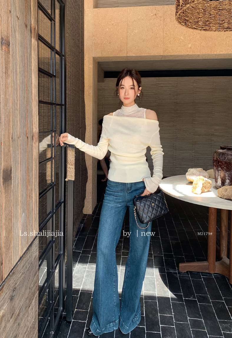 レースドッキングオフショルダーニットトップス – BLACKOUT