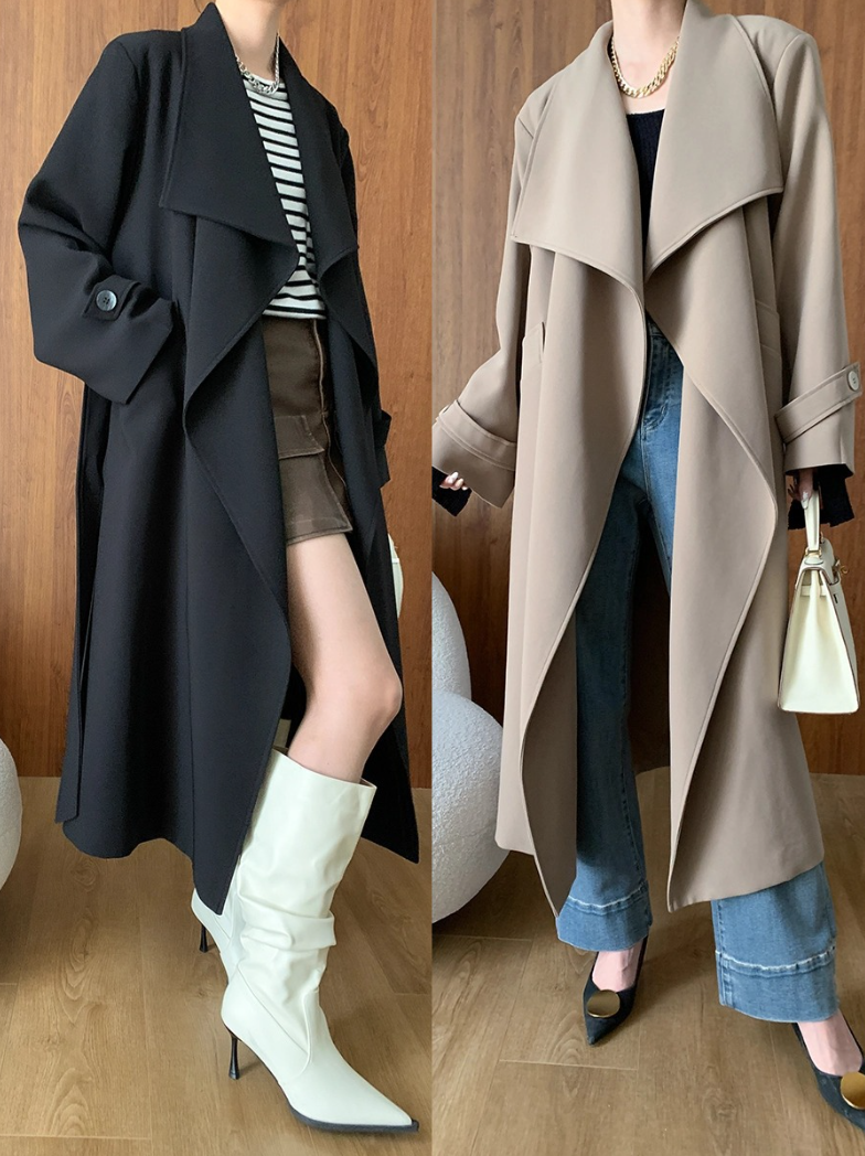 ラペルカラーベルト付きロングトレンチコート