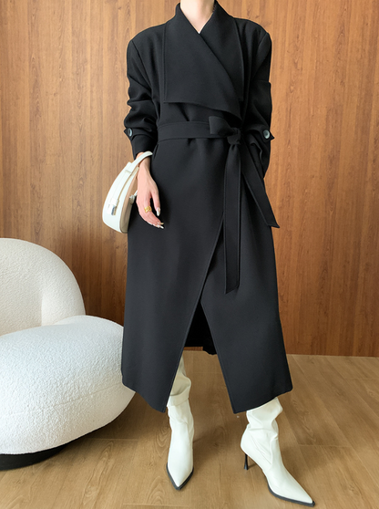 ラペルカラーベルト付きロングトレンチコート