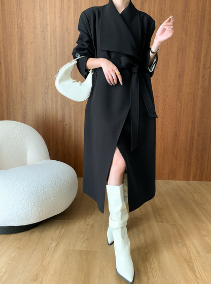 ラペルカラーベルト付きロングトレンチコート