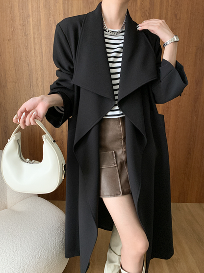 ラペルカラーベルト付きロングトレンチコート