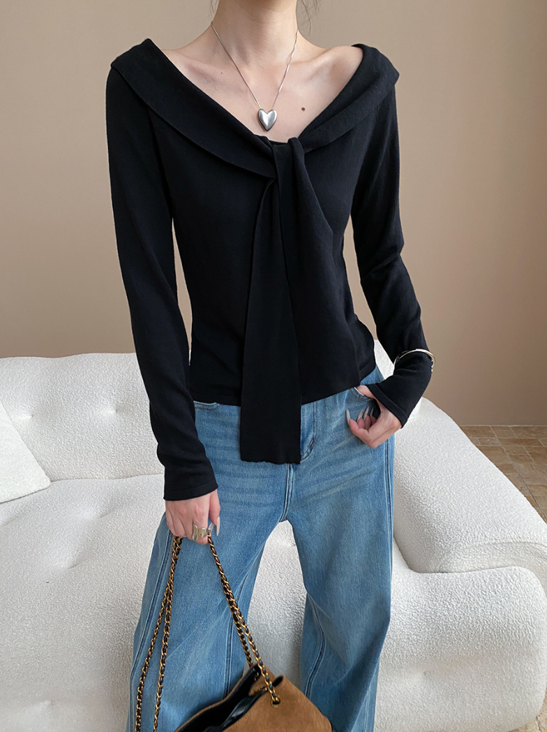 リボンデザインセーラーニットトップス