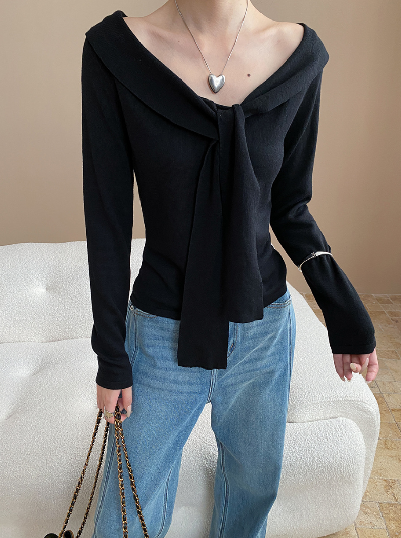 リボンデザインセーラーニットトップス