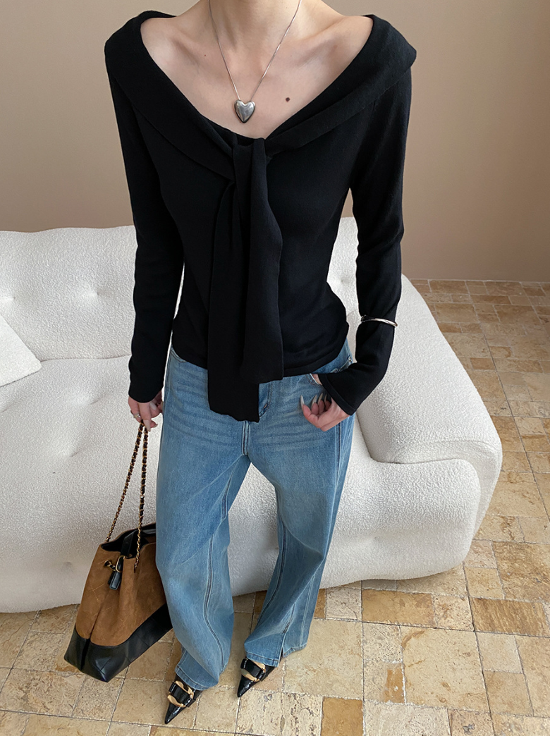 リボンデザインセーラーニットトップス