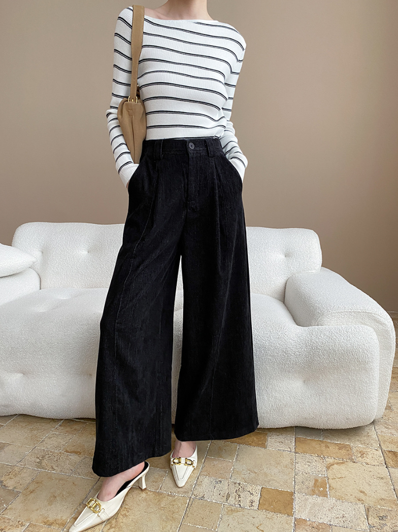 アシメネックボーダーニットトップス