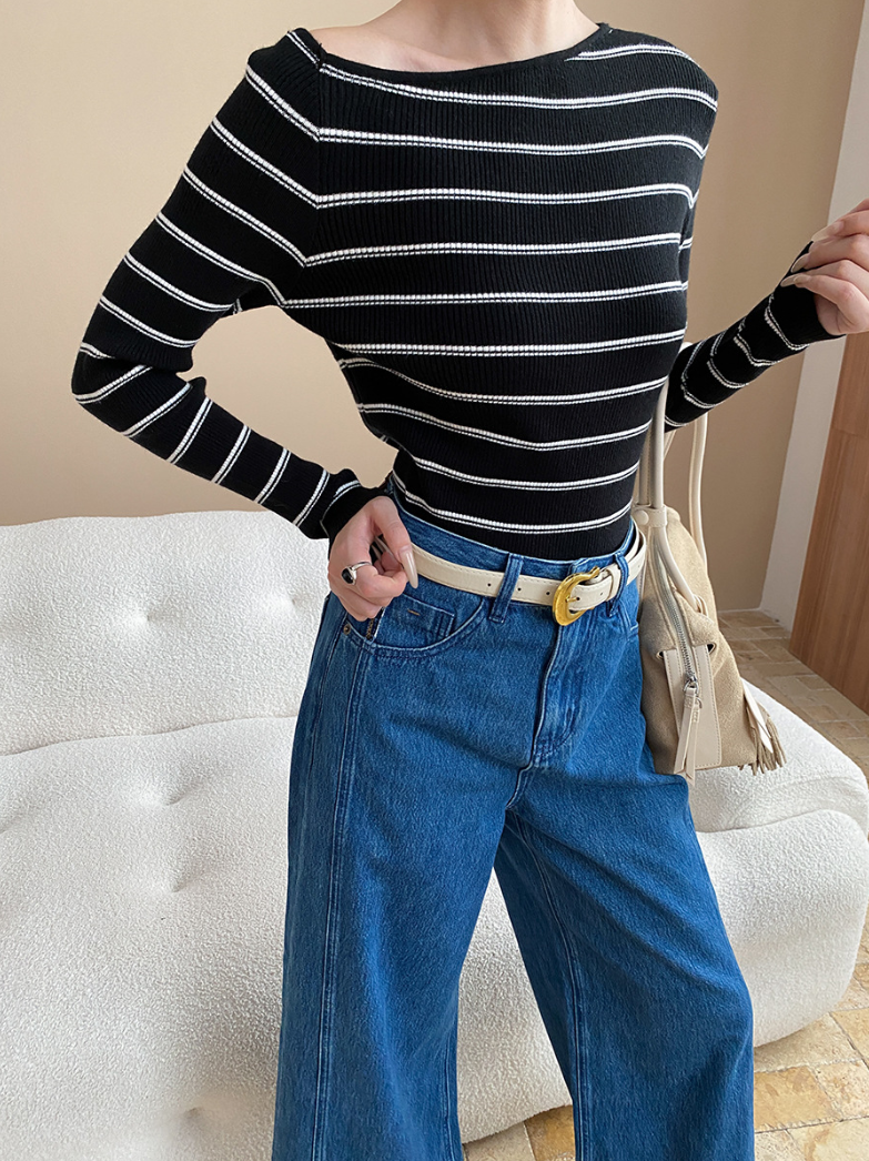 アシメネックボーダーニットトップス