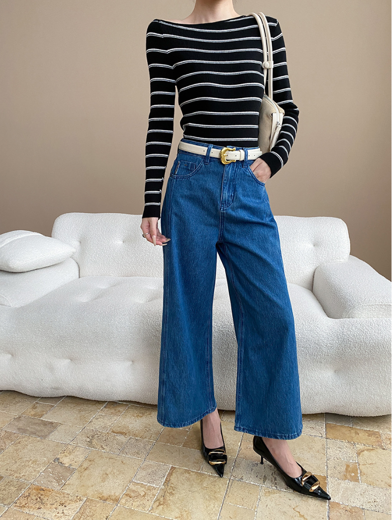 アシメネックボーダーニットトップス