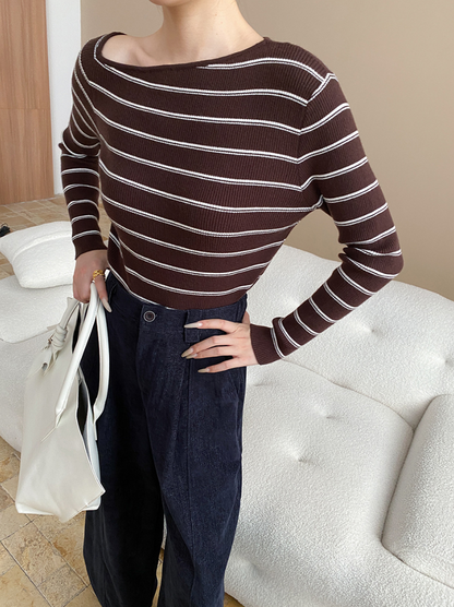 アシメネックボーダーニットトップス