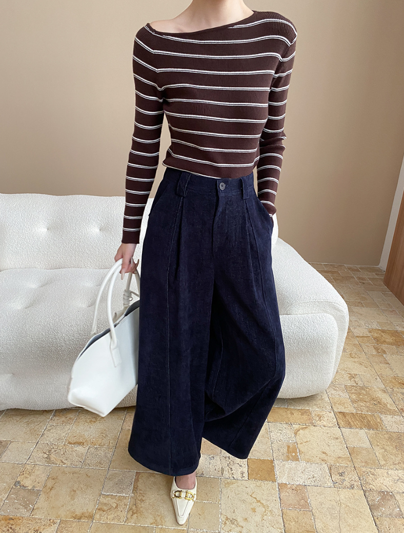 アシメネックボーダーニットトップス