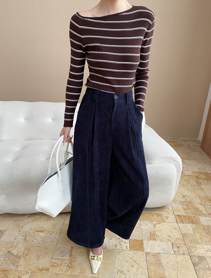 アシメネックボーダーニットトップス