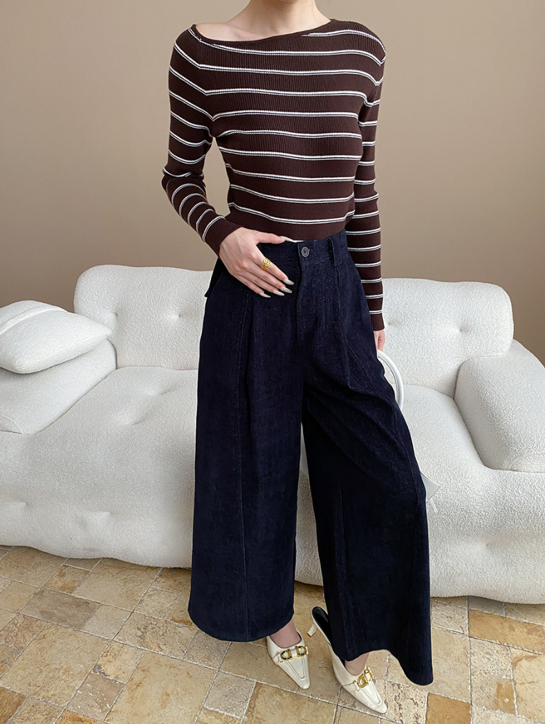 アシメネックボーダーニットトップス