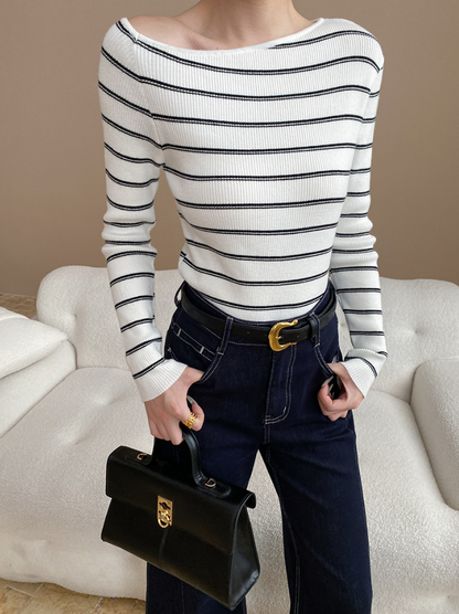 アシメネックボーダーニットトップス