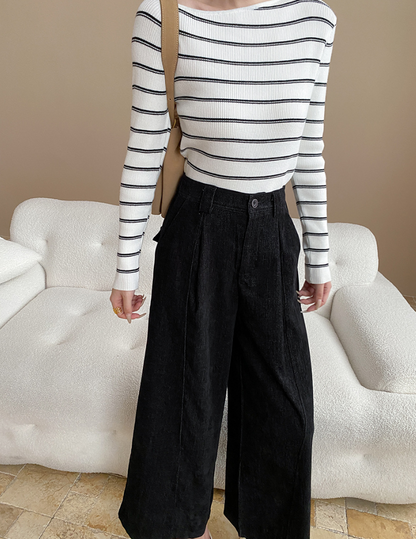 アシメネックボーダーニットトップス