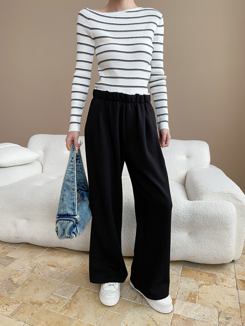 アシメネックボーダーニットトップス