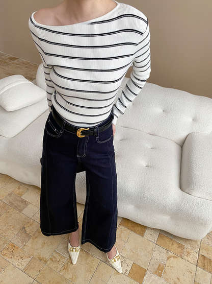 アシメネックボーダーニットトップス