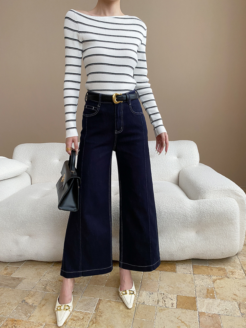 アシメネックボーダーニットトップス